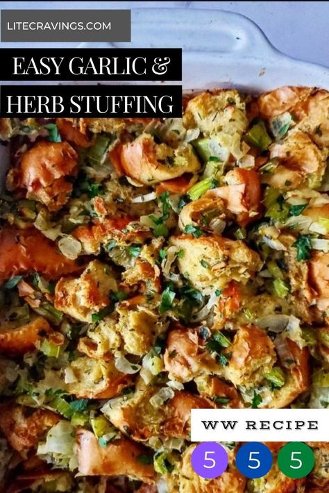 Your new go-to holiday side dish, Easy Garlic and Herb Stuffing proves that you don't need a ton of butter to make a flavorful stuffing. Traditional Stuffing Recipes, Savory Holiday Recipes, Lite Cravings, Side Dish Easy, Traditional Stuffing, Cravings Recipes, Autumn Side Dishes, Holiday Side Dish, Herb Stuffing