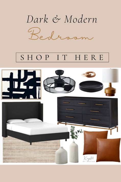 #Black and neutrals #bedroom #design with Black tufted sleigh bed, black dress with #gold detail, black modern #fan, #rug, lamp, and black bowl from West Elm and Anthropologie Black Bedroom Frame Ideas, Modern Neutral Bedroom Design, Black White And Beige Bedroom Modern, Black Main Bedroom Ideas, Black Modern Dresser Bedroom, Brown Black Gold Bedroom, Black White And Cognac Bedroom, Black And Gold Moody Bedroom, Black And White Inspired Bedroom