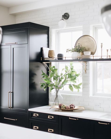 French Black Kitchen, Parisian Glam, Painted Brick Backsplash, Ranch Kitchen, Brass Shelves, Black Island, Brick Backsplash, Painted Brick, Black Kitchens