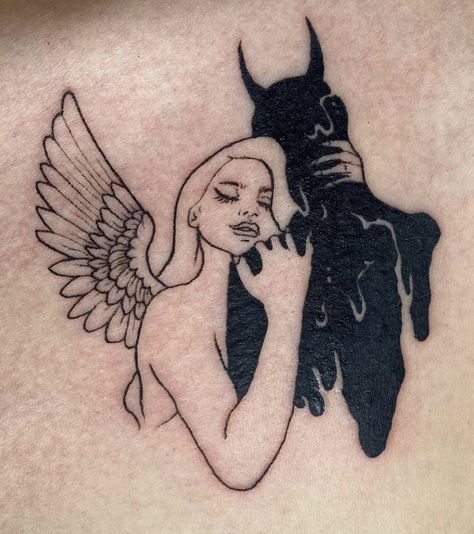 This is a picture of a tattoo in which, an angel is hugging a devil. In each others warm embrace both understand that they both are one. And neither their past demons or future angels can save them. Together they are one, they can mend and heal themselves. Find themselves after having fallen down. Losing My Mind Tattoo Ideas, One Deep Tattoo, Tattoos For Lost Souls, Lost Mother Tattoo, Prozac Tattoo, Lost Soul Tattoo Designs, My Dear Melancholy Tattoo, No Grave Can Hold My Body Down Tattoo, Good Bad Tattoo