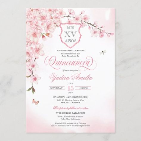 $2.95 | Cherry Blossom Blush Pink Quincea�era Invitation | Spring Birthday Invitations | cherry blossom, cherry blossom quinceanera, blush pink, quinceanos, butterfly, dragonfly, pink floral, sakura, spring quince, pink quinceanera Pink Butterfly Quince Invitations, Cherry Blossom Quinceanera Theme, Cherry Blossom Quinceanera, Pink Quince Invitations, Cherry Blossom Invitation, Xv Invitations, Quinceñera Invitations, Cherry Blossom Wedding Theme, Cherry Blossom Party