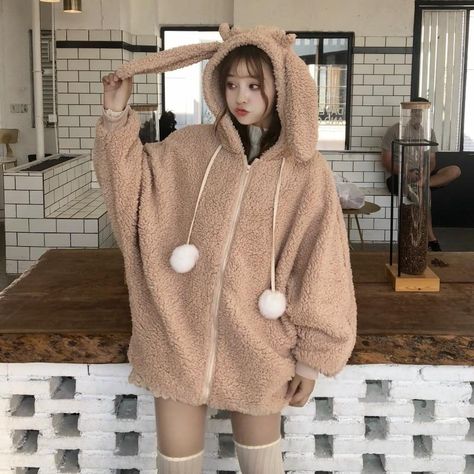 Cute Rabbit Ears Plush Hoodie Coat SP14432 Bunny Ear Hoodie, Bunny Hoodie, Fur Hoodie, Pastel Outfit, Kawaii Fashion Outfits, Mode Kpop, Hoodie Coat, Korean Girl Fashion, Modieuze Outfits