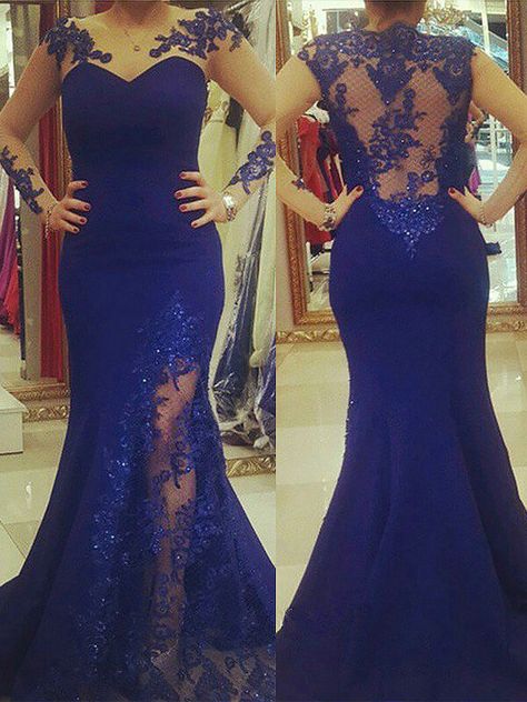 Trumpet/Mermaid Silk like Satin Scoop Applique Long Sleeves Sweep/Brush Train Plus Size Dresses Royal Blue Lace, Plus Size Prom, Plus Size Formal, Long Sleeve Prom, Plus Size Formal Dresses, Plus Size Prom Dresses, Cheap Prom Dresses, Mermaid Prom Dresses, Prom Party Dresses