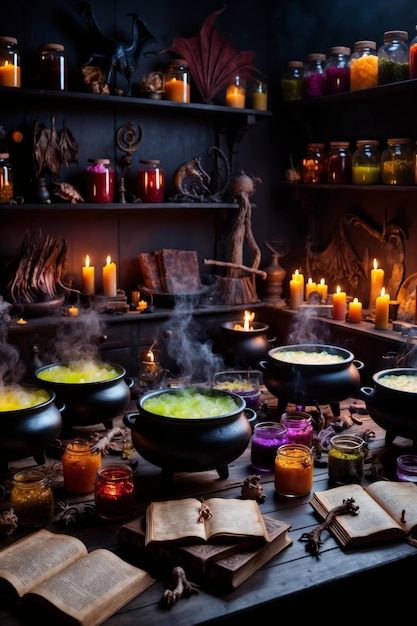 A table with bowls of food and candles and incense | Premium AI-generated image Alchemist Witch, Apothecary Shelves, Ancient Spells, Halloween Interior, Halloween Mirror, Kitchen Sanctuary, Halloween Kitchen Decor, Potion Labels, Antiqued Mirror