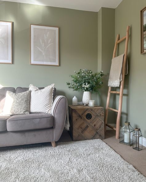 Snug room details ✨ This was one of the first rooms we finished after moving in and I’m so glad I went for the green walls! As well as my favourite cup of tea spot, it’s turned into my favourite book reading spot too 🥰😂 Walls: @duluxuk overtly olive Sofa: @scssofas (ad) Trunk: bought secondhand but have seen it on @cotswoldluxecc Ladder/throw: @homesense_uk Prints: @desenio Bouquet/lanterns: @thewhitecompany Diffuser: @marmaladeoflondon Cushions: @dusk.com / @mylittleforesthome Ha... May Happy New Month, Sunshine Strawberries, Basil Pot, Overtly Olive, Living Room Downstairs, Olive Living Rooms, Grey Feature Wall, Wooden Floors Living Room, Sage Living Room