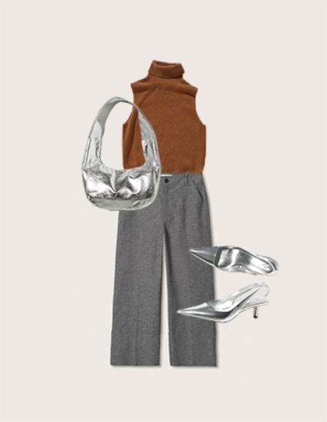 Silver Shoes Outfit Work, Silver Shoes Outfit Casual, Silver Pumps Outfit, Silver Heels Outfit, Silver Shoes Outfit, Grown Style, Paris Fall Fashion, Silver Low Heels, Silver Metallic Shoes