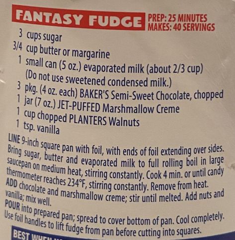 Jet Puff Marshmallow Creme Recipes, Fantastic Fudge, Original Fantasy Fudge Recipe, Fantasy Fudge Recipe, Fantasy Fudge, Marshmallow Fudge, Jet Puffed Marshmallows, Yummy Candy, Bar Desserts