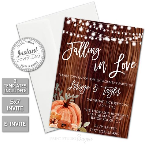 Autumn Motifs, Engagement Invites, Rustic Autumn, E Invite, Elegant Typography, Fall Theme, Envelope Template, Engagement Party Invitations, Couple Shower