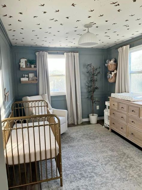 Cafe Blue Valspar, Blue Vintage Nursery, Traditional Nursery Ideas, Blue Wall Nursery, Slate Blue Nursery, Paint Colors Nursery, Leo Nursery, Nursery Wall Color, Dark Blue Nursery