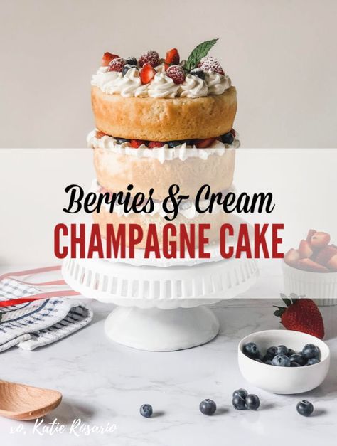 Berries & Cream Champagne Cake | Summer berries and fresh homemade whipped cream never looked so good. This Berries & Cream cake is made from a sweet champagne cake with fresh stabilized whipped cream, juicy summer berries and a hint of mint. You seriously can't go wrong with fresh strawberries, raspberries, and blueberries for a summertime dessert. #xokatierosario #champagnecake #berriesandcream #nakedcake Plum Cake Recipe, Sweet Champagne, Cake Summer, Champagne Cake, Summer Cake, Cake Decorating For Beginners, Cake Decorating Classes, Salty Cake, Summer Cakes