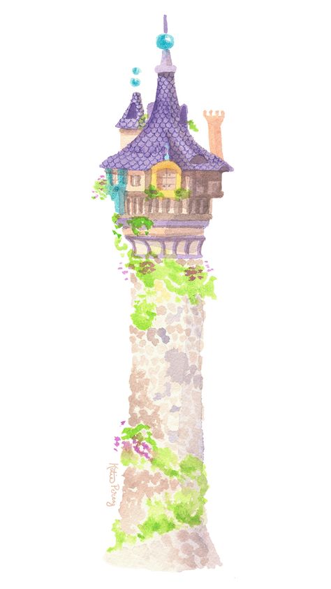 Rapunzel's Tower Disney Rapunzel Drawing, Rapunzel Tower Drawing, Rapunzel Watercolor, Rapunzel Castle, Princesa Rapunzel Disney, Rapunzel's Tower, Rapunzel Birthday Cake, Tangled Tower, Rapunzel Tower