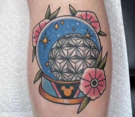 Spaceship Earth Tattoo, Epcot Ball Tattoo, Epcot Tattoo Ideas, Epcot Tattoo, Snowglobe Tattoo, Globe Tattoos, Earth Tattoo, Disney Sleeve, Spaceship Earth