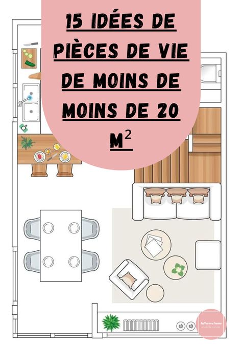 Le point gagnant de cette pièce est l’emplacement du canapé qui est rapproché de l’escalier, gagnant un espace central clair et une pièce beaucoup plus grande, bien qu’elle soit minuscule. Apporter des pièces légères et basses Dans les pièces petites, il faut adopter des pièces légères et qui ne représentent pas un obstacle, ni pour la lumière ni pour le passage. 20 M2 Apartment, Plan Studio 20m2, Studio Deco, Plan Studio, Deco Studio, Appartement Design, Open Kitchen, Small Living Room, Tattoo Shop