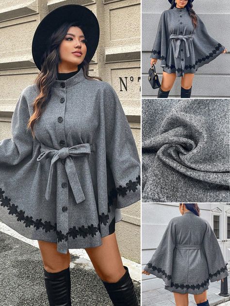 Plus Size Women's Fall/Winter Stand Collar Embroidery Decor Single-Breasted Batwing Sleeve Elegant Woolen Coat Dark Grey Casual  Long Sleeve Woven Fabric Textured Pattern Cape Non-Stretch  Women Plus Clothing, size features are:Bust: ,Length: ,Sleeve Length: Embroidery Decor, Collar Embroidery, Plus Size Belts, Plus Size Vintage, Wool Blend Jacket, Long Sleeve Plaid Shirt, Woolen Coat, Plaid Fashion, Inspiration Mode