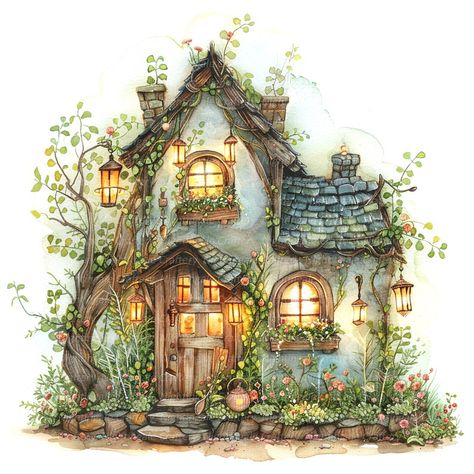 13 Whimsical Fairy House Clipart, Cozy Fairy House, Printable Watercolor Clipart, High Quality Jpgs, Digital Download, Paper Craft, Journals - Etsy Fairy House Drawing, Fairytale Houses, House Printable, Blending Colored Pencils, Watercolor House Painting, Magical House, House Clipart, Whimsical Fairy, Storybook Cottage