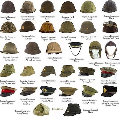 the_ww2_memoirs Pictured above is a wide array of Japanese hate and helmets used throughout World War 2 by their military. The Japanese found themselves in many different environments that needed many different clothing items and equipment. Most helmets were made out of steel and some had a canvas cover which you can see on the standard Imperial Army helmet which is the fifth helmet on the top row. Some were also equipped with netting so camouflage could be put in there which many did do thi... Hat Guide, Japanese Hat, Perang Dunia Ii, Imperial Japan, Wwii Uniforms, Military Hats, Imperial Army, Comparison Chart, Military Insignia