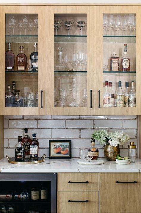 Shelves Above Dry Bar, Dry Bar With Brick Wall, Dry Bar With Mirror Backsplash, Dry Bar Nook, Mirrored Dry Bar, L Shaped Dry Bar, Bar Nook, Dry Bar, Bar Areas