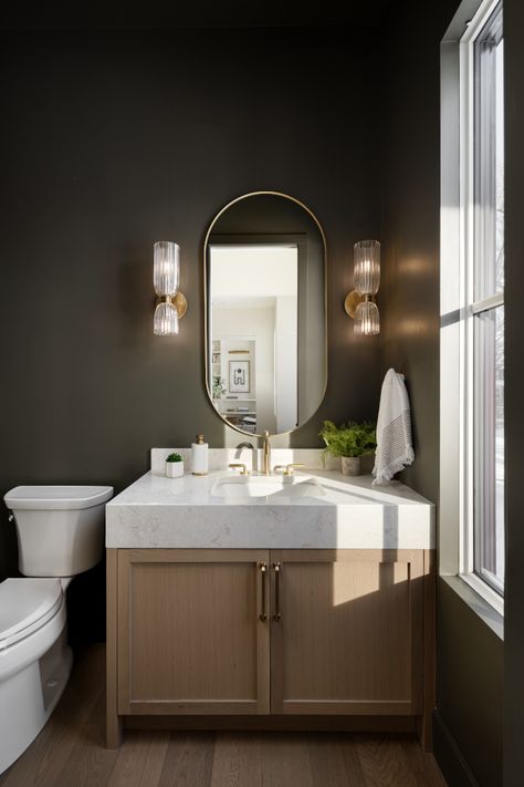 Brass Powder Room, Neutral Bathroom Paint Colors, Powder Room Paint Colors, White Home Exterior, Powder Room Paint, Top Paint Colors, Designer Homes, Trending Paint Colors, Dining Room Paint