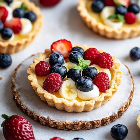 Easy Mini Fruit Tarts Recipe for Any Occasion Fruit Tarts Mini, Mini Fruit Tart Recipe, Fruit Tarts Recipe, French Fruit Tart, Fruit Custard Tart, Fruit Tart Recipe Mini, Fruit Flan, Fruit Tart Cake, Mini Fruit Tarts