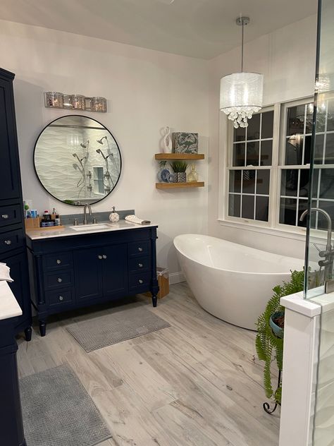 Navy Blue Bathroom Floor Tile Ideas, Farmhouse Bathroom Blue, Navy Shower Floor Tile, Navy Hexagon Tile Bathroom Floor, Navy Blue Bathroom Vanity Vessel Sink, Navy Blue Nathroom Cabinets, Clawfoot Tub Bathroom, Bathroom Theme, Navy Blue Bathrooms