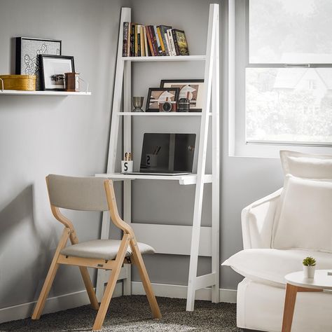 PRICES MAY VARY. Modern ladder style shelf with table worktop in the middle is great for value. Simply elegant design wood storage display ladder shelf with table worktop Color/Finish: White/Varnished; Material: MDF Dimension: W25.20 x D15.35x H70.87in; Weight: 36.38lbs;Load Capacity:33.07/tier . Item delivered flat packed and requires simple assembly. Detailed Instructions supplied. White Ladder Shelf, Ladder Shelf Desk, Slim Desks, Leaning Desk, Små Rum Lidt Plads, Cool Home Office, Narrow Desk, Desk With Shelves, Computer Desk With Shelves