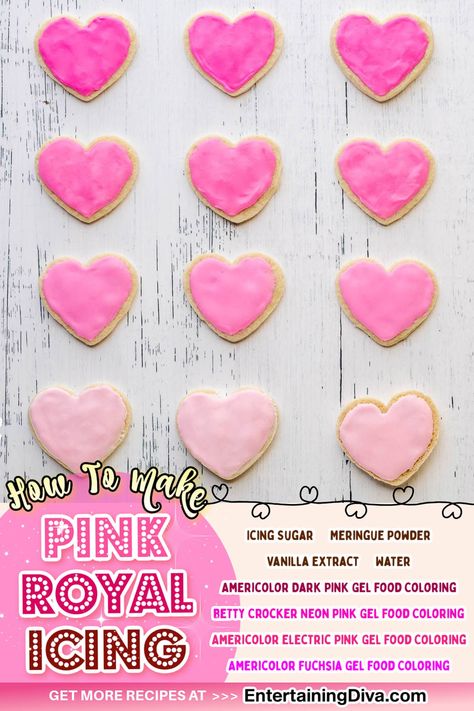 How To Make Light Pink, Dark Pink, Hot Pink and Mauve Pink Royal Icing | Baby Showers Valentines Party Food, How To Make Pink, Perfect Sugar Cookies, Jello Shot, Pink Food Coloring, Pink Icing, Royal Icing Recipe, Sugar Cookie Frosting, Shower Cookies