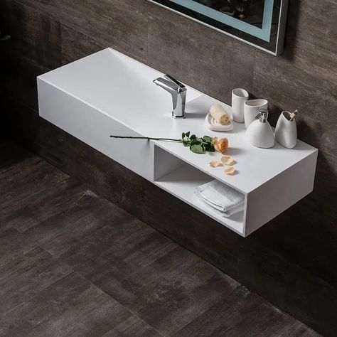 35" Wall-Mount Stone Resin Bathroom Sink in Matte White with Storage Cubby Hole Resin Bathroom, Floating Sink, Rectangular Sink Bathroom, Rectangular Bathroom, Cubby Hole, Storage Cubby, Basement Playroom, Accessible Bathroom, Wall Mount Sink