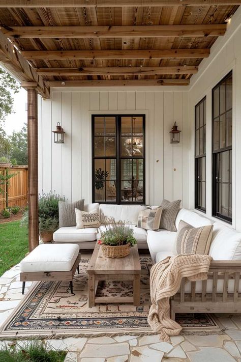 55 Farmhouse Patio Ideas for Charming and Rustic Style Farmhouse Backyard Patio Designs, Exterior Patio Design, Outdoor Patio Ideas Covered, Back Porch Layout Ideas, Modern Farmhouse Screened In Porch, Concrete Covered Patio Ideas, Back Deck Ideas Porch Decorating, Side Patio Ideas, Farmhouse Patio Decorating Ideas