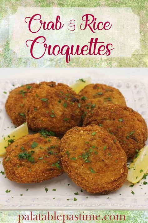 Crab and Rice Croquettes are a Cajun  style version  of crab cakes which use rice  as a binder and filler, and are fried until crisp. via @suelau1 Crab Croquettes Recipe, Crab And Rice, Rice Patties Recipe, Rice Croquettes, Creamy Crab Soup, Rice Crispies Recipe, Crab Rice, Seafood Dish Recipes, Salmon Croquettes