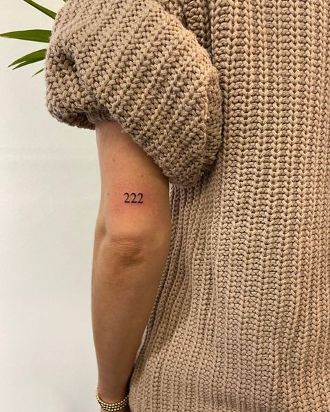 12:22 Tattoo, Numbers Above Elbow Tattoo, 777 Tattoo Back Of Arm, 222 Elbow Tattoo, 222 Small Tattoo, 222 Forearm Tattoo, Places To Get Number Tattoos, 222 Tattoo Placement Ideas, Good Meaning Tattoos