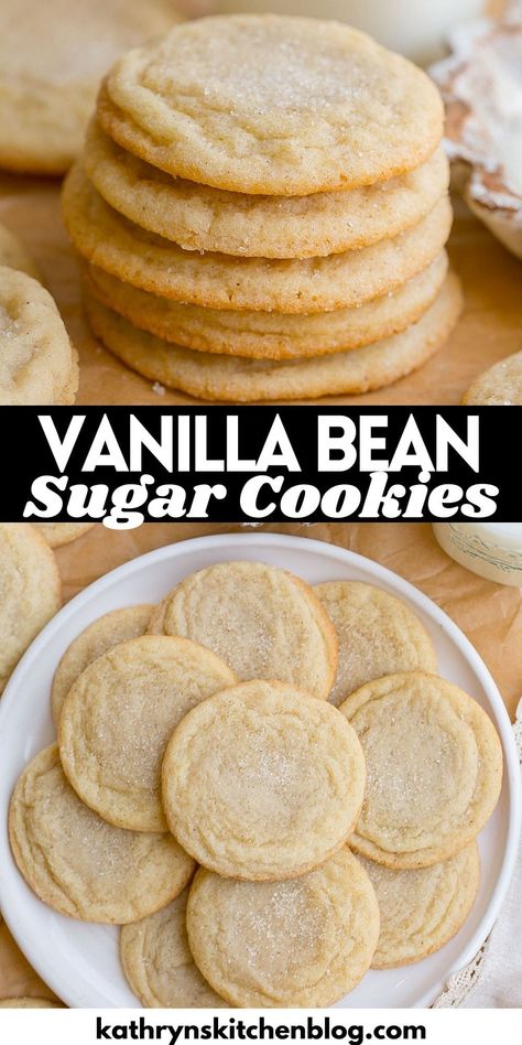 Soft and Chewy Vanilla Bean Sugar Cookies Cookies With Vanilla Bean Paste, Vanilla Wafer Cookies Recipe, Vanilla Bean Cookies Recipes, Vanilla Bean Sugar Cookies, Recipes With Vanilla Bean, Vanilla Bean Desserts, Vanilla Cookies Recipe, Cookie Recipe Without Baking Soda, White Sugar Cookies