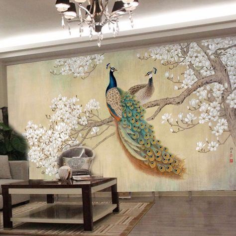 Wallpaper Clouds, Bird Peacock, Tv Backdrop, Peacock Wallpaper, Peacock Wall Art, Bedroom Tv, Large Mural, Wall Murals Painted, Custom Murals