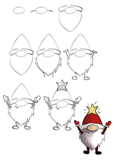 How To Draw A Gonk, Easy Christmas Sketches To Draw, Santa Doodle Easy, How To Draw A Christmas Gnome, How To Draw Gnomes, Simple Christmas Sketches, Christmas Decor Ideas Drawing, Step By Step Christmas Drawings, Christmas Drawing Step By Step