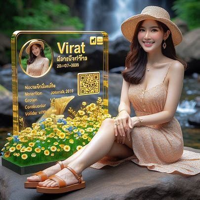 A beautiful, beaming Thai woman sits next to a 3D clear acrylic gold-edged Facebook card with her profile picture with the 3D text name 'Virat' and her information and QR code. She Wearing a long summer dress and a hat and sandals with a small flower pattern, she sits in a large rock with small yellow flowers. Forest background, waterfall, flower garden sorrounding. Hyper-realistic image. 64K Realism. - Image Creator จาก Microsoft Designer Bing Image Creator, Small Flower Pattern, Long Summer Dress, Small Yellow Flowers, Alphabet Images, Forest Background, Consumer Health, 3d Text, Long Summer Dresses