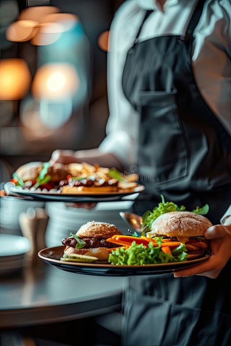 Close-up of a waitress carrying a dish. Selective focus royalty free stock image Restaurant Staff Photoshoot Ideas, Creative Restaurant Photography, Waitress Aesthetic, Server Aesthetic, Restaurant Photoshoot, Restaurant Server, Job Images, Creative Photography Projects, College Job