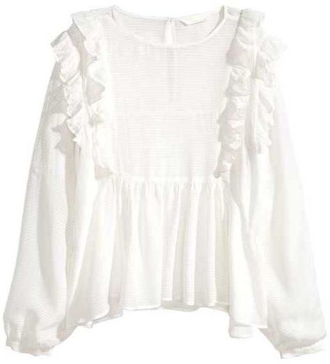 H&M Ruffled Blouse Flared Blouse, Flare Blouse, Ruffled Blouse, Fashion Tops Blouse, Sleeves Designs For Dresses, Stockholm Fashion, Viscose Fabric, White Blouse, Muslim Fashion