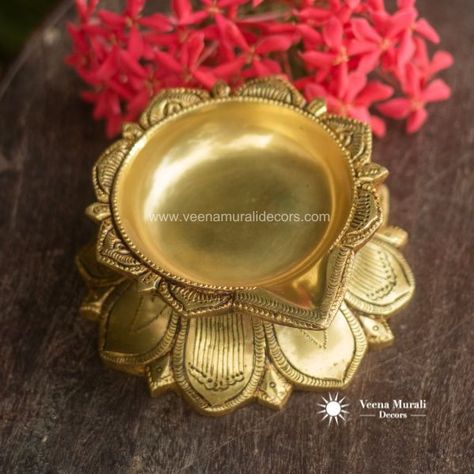 Buy antique styled brass artefacts and traditional wooden arts online - Veena Murali Decors Brass Dasavatharam Decor, Brass Pooja Items Indian, Brass Pooja Items, Brass Utensils, Brass Deepam, Tiny Lamp, Brass Puja Items, Brass Diyas, 3d Art Painting