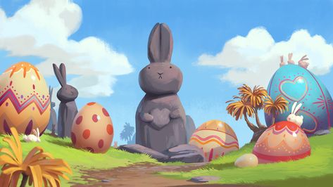 Easter bunny island a Bunny Island, Denis Zilber, 2d Background, Game 2d, Easter Backgrounds, The White Rabbit, Casual Art, Game Illustration, Cartoon Background