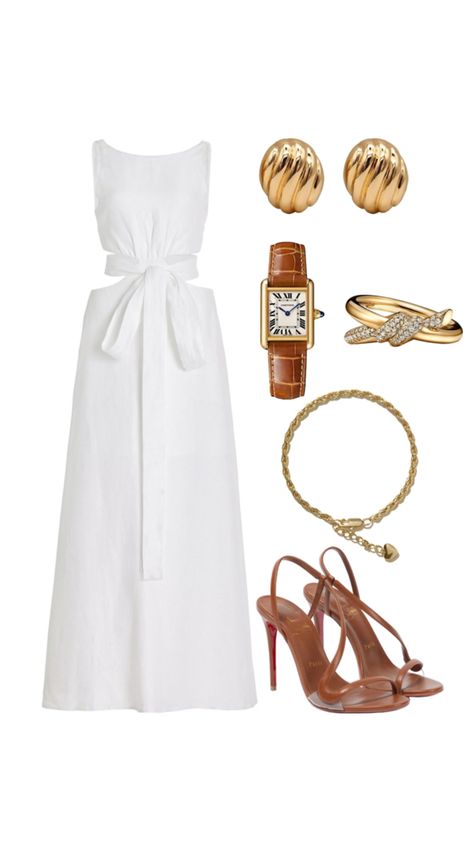 White dress, brown heels, brown and gold watch, gold jewelry Heels Brown, Modesty Outfits, Outfit Ideas Aesthetic, Summer Outfits 2024, Winter Fashion Outfits Casual, White Summer Dress, Stylish Summer Outfits, Trendy Fashion Outfits, Brown Heels