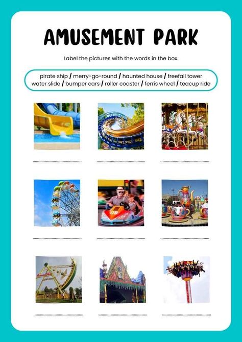 Amusement Park English Vocabulary Worksheet Amusement Park Worksheet, Parc D'attraction, Fun Fair, Vocabulary Worksheets, Worksheet Template, Teaching Strategies, Amusement Park, English Vocabulary, English Lessons