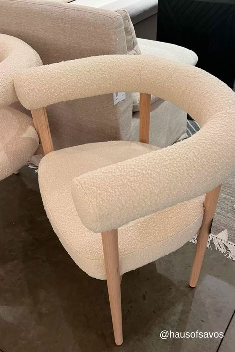 Boucle Dining Room Chair, Neutral Accent Chairs For Living Room, Dining Room Chairs 2023, Cozy Neutral Dining Room, White Boucle Dining Chair, Organic Dining Chair, Boucle Dining Chair And Table, Barrel Chair Dining Room, Modern Organic Dining Chairs