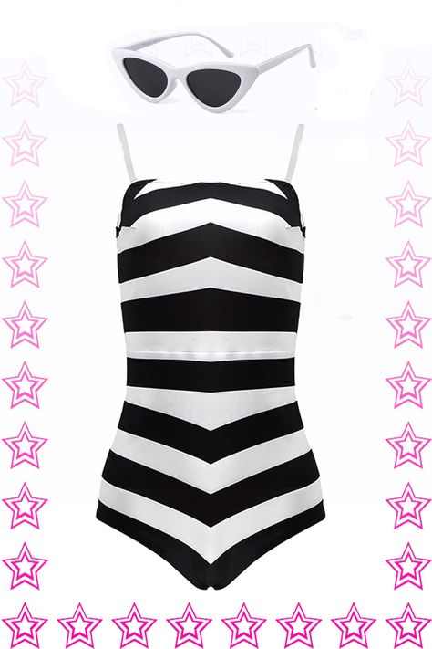 This barbie swimsuit for women is suitable for a variety of scenes, summer beach wear, Halloween cosplay, photography and so on. Package includes: Black and White Striped Mononiki + Earrings + Sun Glasses Barbie Bodysuit, Barbie Cosplay, Vintage Barbie Dress, Barbie Swimsuit, Fringe Clothing, Halloween Trends, Black And White Swimsuit, Barbie Costume, Kate Mckinnon