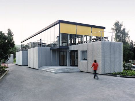 Modular Cafeteria by Chybik+Kristof AA Modern Industrial Architecture, Cheap Prefab Homes, University Cafeteria, Angled Roof, Warehouse Architecture, Factory Facade, Contemporary Buildings, Buildings Modern, Houses Modern