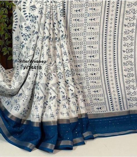 Soft cotton saree with beautiful warli print all over the body and contrast sequence work border with blouse now at just 🎉₹599+shipping For orders contact what's app no-9345417049 Warli Print, Soft Cotton Saree, Sequence Work, What's App, Cotton Saree, The Body, Saree, Boutique