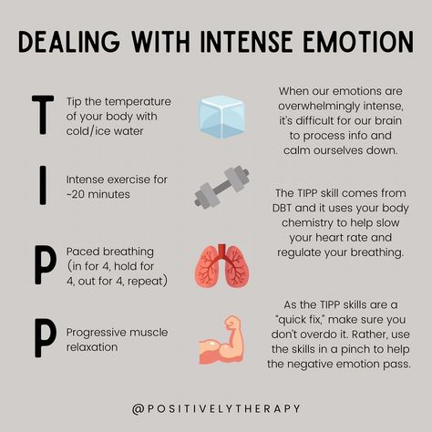 Becca Heiden, Ph.D. on Instagram: “The TIPP skill comes from DBT and it helps us deal with very intense emotions. Think 75+ on a scale of 100. When our emotions are that big,…” Somatic Experience, Emotional Exhaustion, Protect Your Mental Health, Mental Resilience, Intense Emotions, Health Heal, Mental And Emotional Health, Psychiatry, Coping Skills