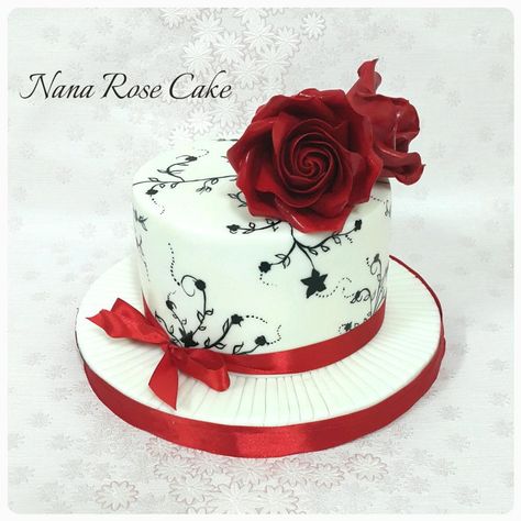 Red And White Cake Design, White Cake Design, Red And White Cake, Rose Silhouette, Cake Displays, Cake Design Inspiration, Black And Red Roses, Single Tier Cake, Silhouette Cake