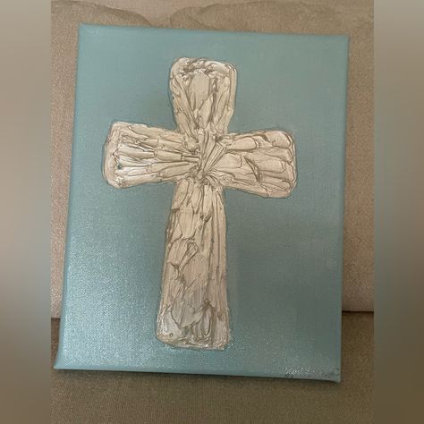 New! Original 8x10 Hand Painted Cross On Light Blue Background. Cross Is A Pearlescent White With A Bit Of Shimmer. Ready For Framing, To Hang As Is, Or To Sit On A Little Stand. Great Gift For Baby Shower, Baptism, Gender Reveal. Confirmation Art, Tiffany Cross, Background Cross, Painted Crosses, Hand Painted Crosses, Cross Decor, Cross Crafts, Ministry Ideas, Cross Art