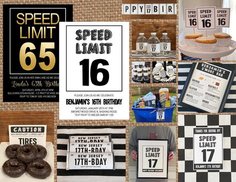 Retirement Party Ideas For Truck Drivers, Speed Limit Birthday Ideas, New Driver Birthday Party Ideas, Speed Limit 55 Birthday, New Driver Gift Basket Sweet 16, 16 Birthday Driving Theme, Car Permit, Car Themed Birthday Party, Classic Cars Birthday Party