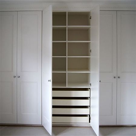 We offer some easy DIY tips on how to construct a basic fitted wardrobe or built-in cupboard using 16mm MDF, and that can be embellished with panels or moulding, routed with a design and then be painted in your choice of colour using water-based acrylic paint.: Bedroom Closet Doors, Fitted Wardrobe, Closet Built Ins, Inside Closet, Wardrobe Bedroom, Bedroom Cupboards, Built In Cupboards, Diy Drawers, Wall Closet