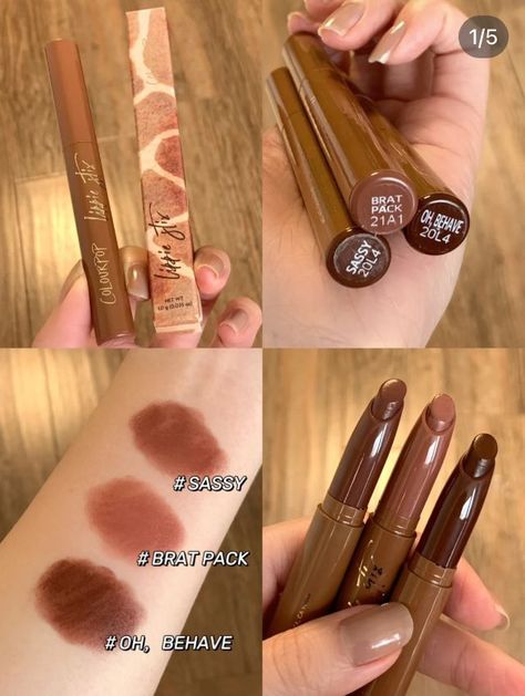 Colourpop Glowing Lip, Colourpop Lippie Stix Swatches, Brown Lipstick Aesthetic, Brown Lipstick Swatches, Brown Lippies, Colourpop Lipstick, About Skincare, Simple Makeup Tips, Lipstick Kit